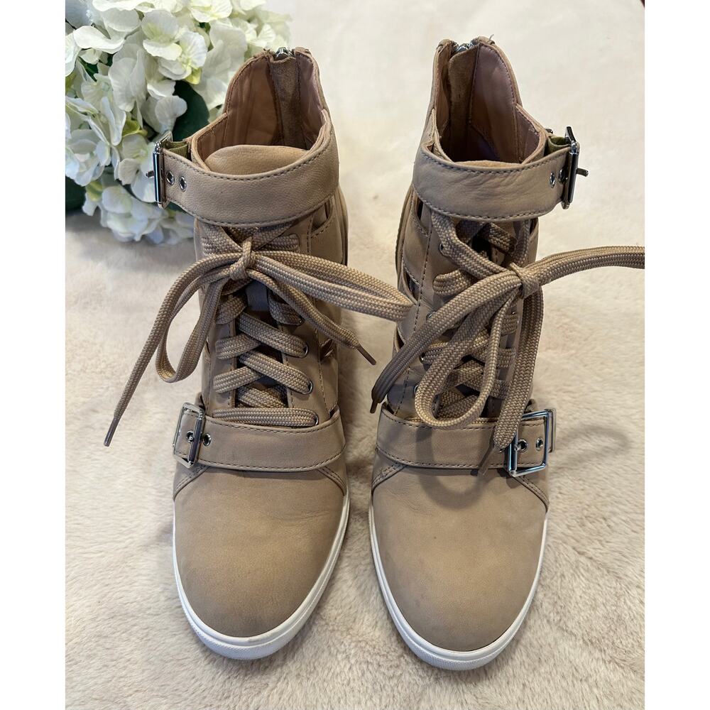 LINEA PAOLO Fave Beige Tan Cutout Wedge Lace-Up Sneaker with Buckle, Size  8.5
